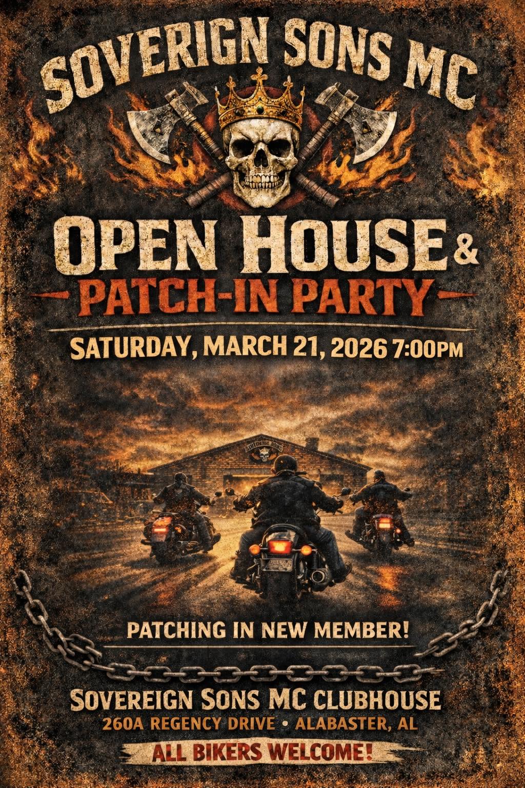 Open House & Patch-In Party Flyer — Sovereign Sons MC
